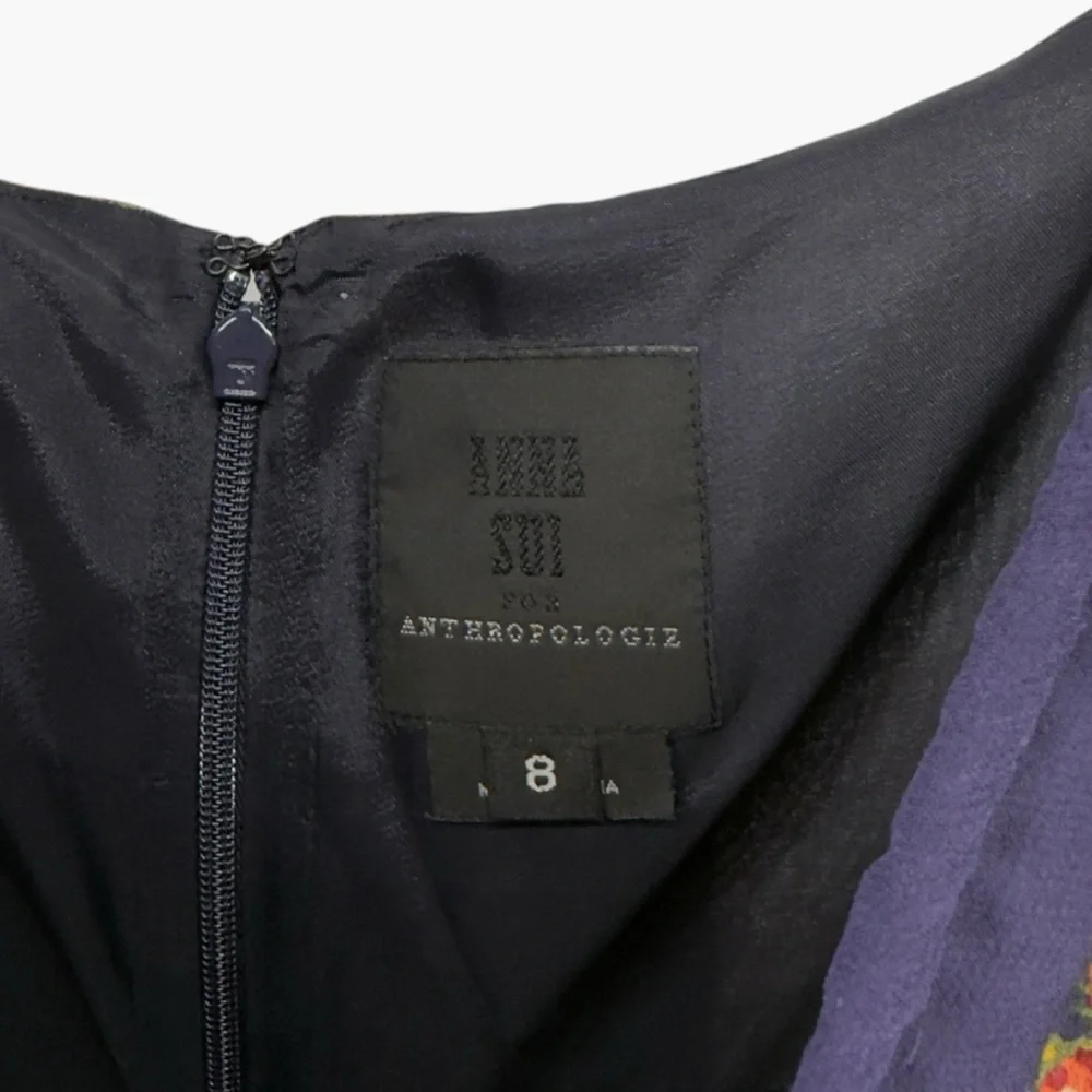 Anna Sui for Anthropologie Blue Floral Asymmetric Hem Silk Dress Size 8 - Picture 3 of 7